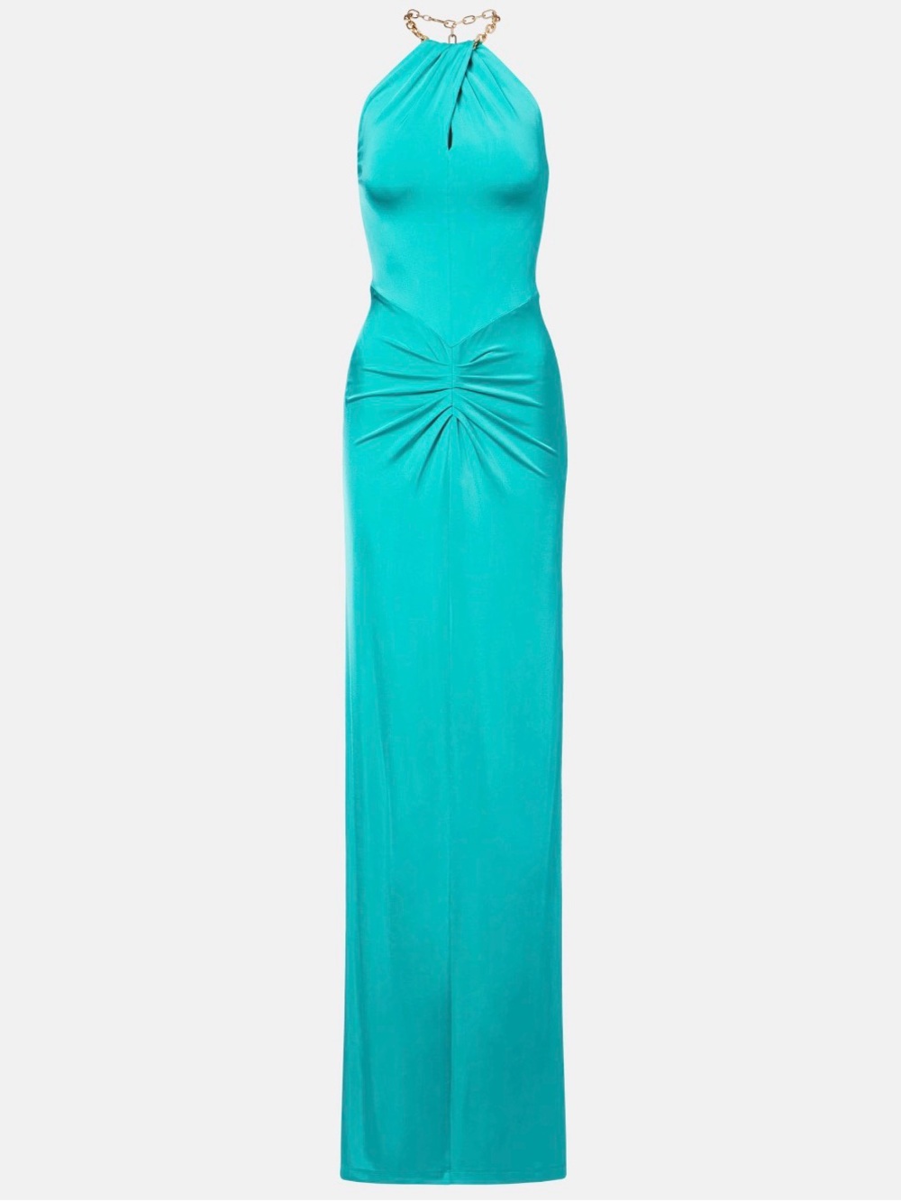 Carolina Herrara Turquoise Halter Maxi Dress with Chain Neck